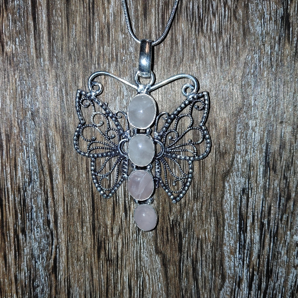 Silver Rose Quartz Butterfly Pendant Necklace - Picture 3 of 7
